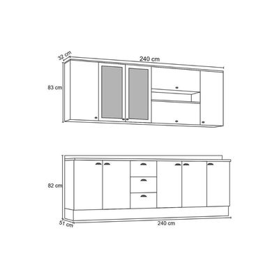 Cozinha Modulada Completa Americana 10 Peças (4 Aéreos + 3 Balcões + 3 Tampos) CZ266 Branco - Henn