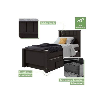 Cama Solteiro Athenas 2 Gavetas c/Auxiliar Amendoa/Off White - Lopas