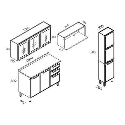 Cozinha Modulada Completa 4 Peças (1 Armário + 1 Balcão + 1 Paneleiro + 1 Complemento) C4p48 Branco