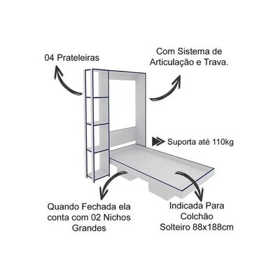 Cama Multifuncional Juvenil Solteiro Articulada Dobrável Cm8013 Branco - Tecno Mobili
