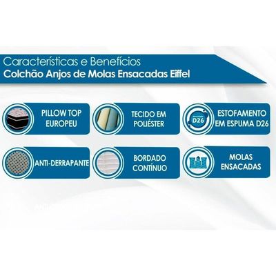 Cama Box Solteiro: Colchão Molas Ensacadas Anjos Masterpocket Eiffel + Base Courano Clean(88X188)