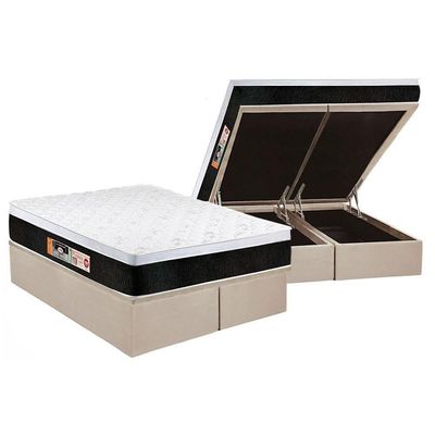Cama Box Baú Queen: Colchão Espuma D45 Castor Black E White Air Euro Pillow + Base Clean(158X198)