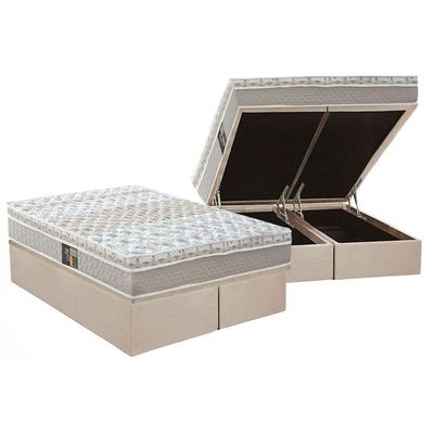 Cama Box Baú Queen: Colchão Molas Ensacadas Castor Pocket Class + Base Crc Suede Clean(158X198)