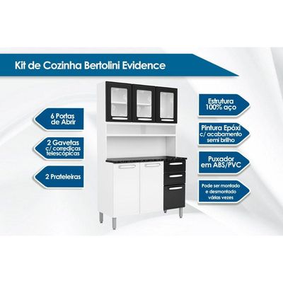 Cozinha Compacta Evidence c/ 6 Portas ( 3 c/ Vidro) e 2 Gavetas Branco/Preto - Bertolini