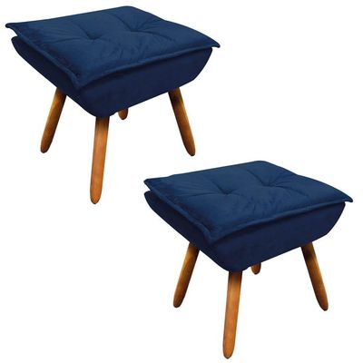 Kit 2 Puffs Opala Suede Azul Marinho Pés Palito Castanho