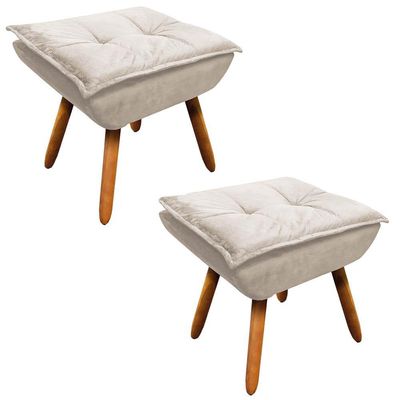 Kit 2 Puffs Opala Suede Bege Pés Palito Castanho D´rossi