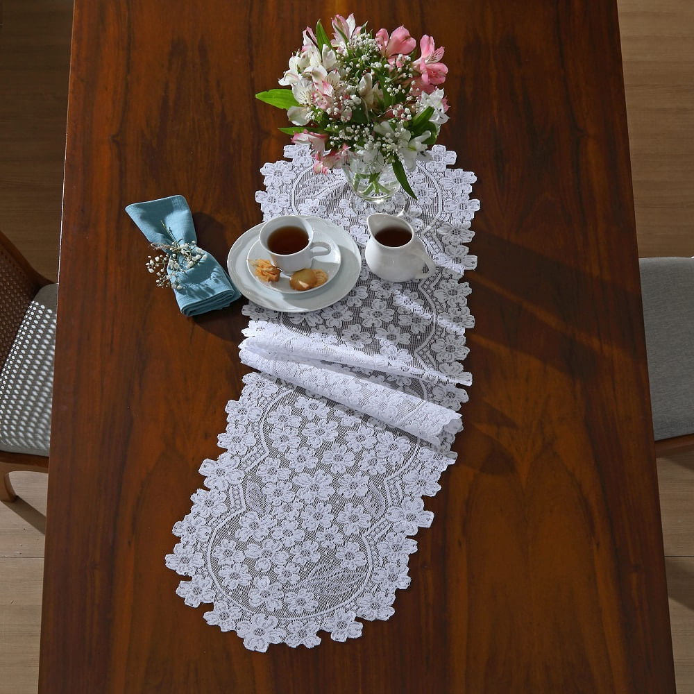 Trilho Mesa Renda Interlar Dogwood Branco 35cm x 135cm