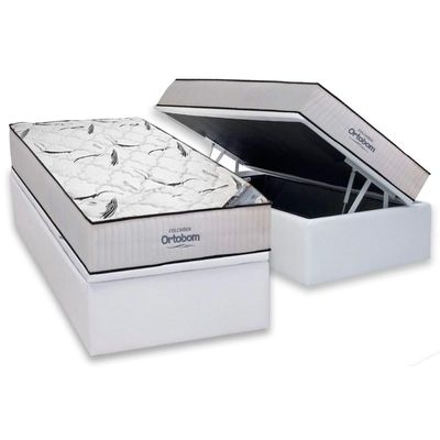 Cama Box Baú Solteiro: Colchão Espuma Ortobom High Foam + Base CRC Courano White(88x188)