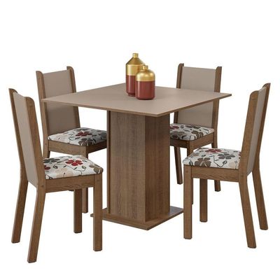 Conjunto Sala De Jantar Mesa Tampo De Madeira 4 Cadeiras Rustic/crema/hibiscos
