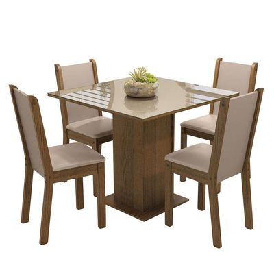 Conjunto Sala De Jantar Mesa Tampo De Vidro 4 Cadeiras Rustic/crema/bege Tifani