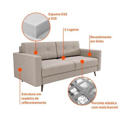 Sofá 2 Lugares Pé Palito Living Linho Cotton Cru