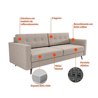 Sofá 3 Lugares Pé Palito Living Linho Cotton Cru