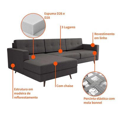 Sofá 3 Lugares Esquerdo Living com Chaise Esquerdo Pé Palito Linho Cotton Grafite Escuro