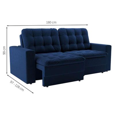 Sofá 3 Lugares Retrátil Lubeck Plush Suede Azul Marinho 180 cm