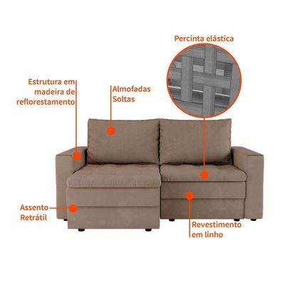 Sofá 3 Lugares Retrátil Berna Suede Bege 180 cm