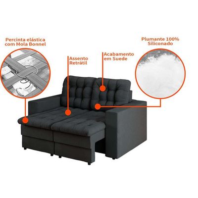 Sofá 2 Lugares Retrátil Lubeck Plush Suede Grafite 140 cm
