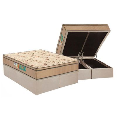 Cama Box Baú Queen: Colchão Espuma Polar D33 Pérola Euro Pillow + Base Crc Suede Clean(158X198)