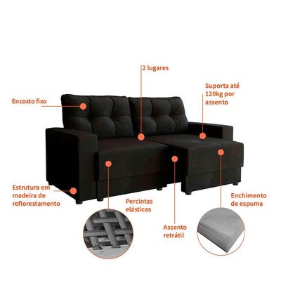 Sofá 2 Lugares Retrátil Lubeck Suede Preto 140 cm
