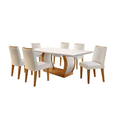 Conjunto de Mesa de Jantar com 6 Cadeiras Estofadas Maia I Veludo Off White e Creme
