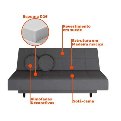 Sofá-Cama Casal 3 Lugares Jimmy Suede Grafite