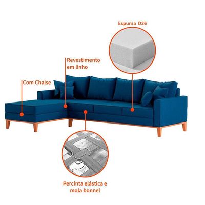 Sofá 4 Lugares Beny Com Chaise Esquerdo Linho Azul Marinho