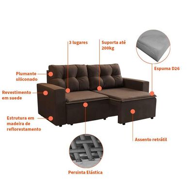 Sofá 3 Lugares Retrátil Amsterdã I Suede Marrom 180 cm