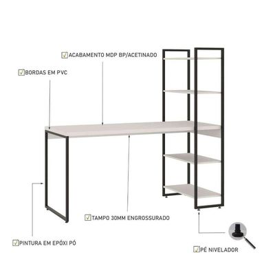Escrivaninha com Estante Studio Branca e Preta 146 cm