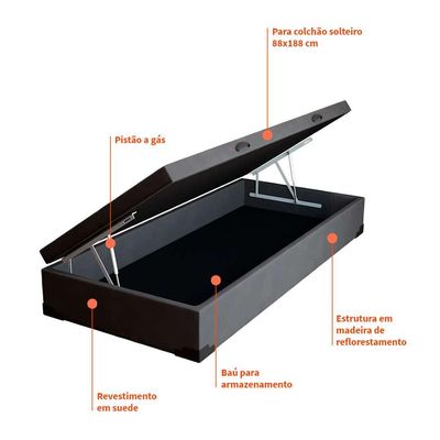 Base para Cama Box Solteiro Martin Premium com Baú Suede (47x88x188) Preta