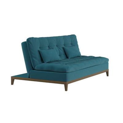 Sofá-Cama 3 Lugares Casal Autenticidade Base e Pés de Madeira Suede Azul