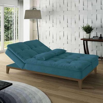 Sofá-Cama 3 Lugares Casal Amanda com Pés de Madeira Suede Azul