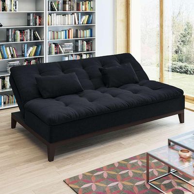 Sofá-Cama Casal 3 Lugares Premium Suede Pés de Madeira Preto