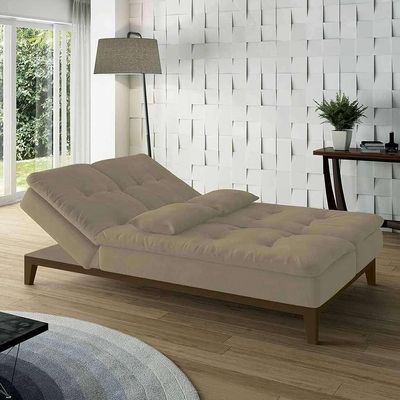 Sofá-Cama 3 Lugares Casal Amanda com Pés de Madeira Suede Bege