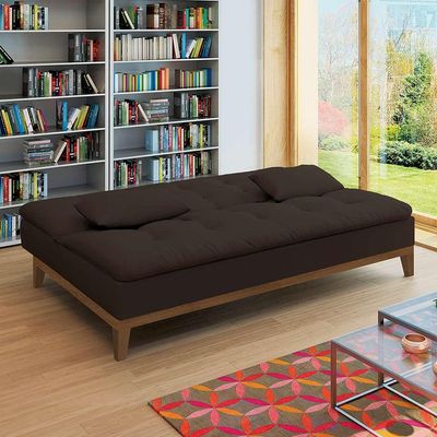 Sofá-Cama 3 Lugares Casal Premium Base e Pés de Madeira Café