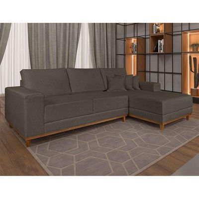 Sofá 4 Lugares Mônaco Com Chaise Direito Linho Marrom Escuro