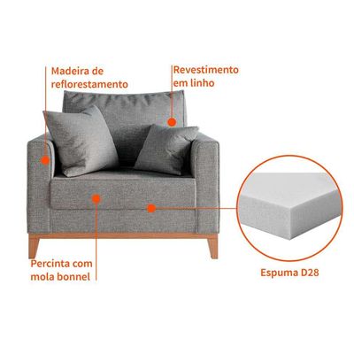 Poltrona Beny Pés e Base em Madeira Linho Cotton Cinza