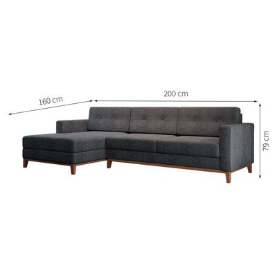 Sofá 3 Lugares Living com Chaise Esquerdo Pés e Base em Madeira Linho Cotton Grafite