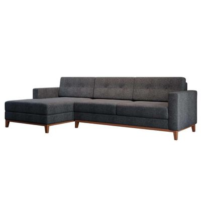 Sofá 3 Lugares Living com Chaise Esquerdo Pés e Base em Madeira Linho Cotton Grafite