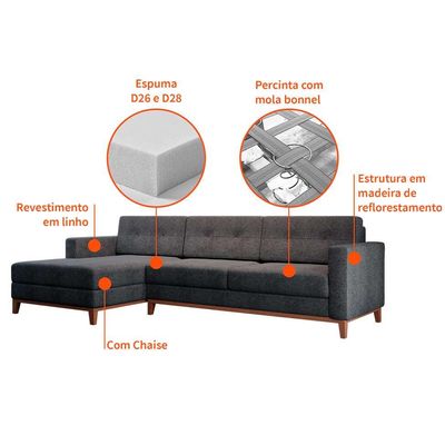 Sofá 3 Lugares Living com Chaise Esquerdo Pés e Base em Madeira Linho Cotton Grafite