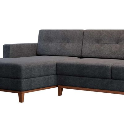 Sofá 3 Lugares Living com Chaise Esquerdo Pés e Base em Madeira Linho Cotton Grafite