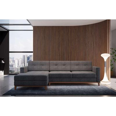 Sofá 3 Lugares Living com Chaise Esquerdo Pés e Base em Madeira Linho Cotton Grafite