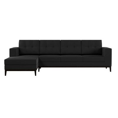 Sofá 4 Lugares Happy com Chaise Esquerdo Pés e Base em Madeira Linho Cotton Grafite
