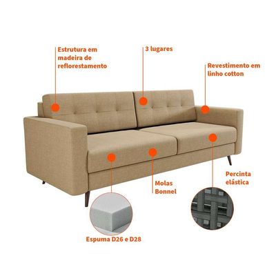 Sofá 3 Lugares Living Pé Palito Linho Cotton Bege 180 cm