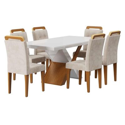 Conjunto de Mesa de Jantar com Vidro e  6 Cadeiras Elizabeth Veludo Creme e Off White