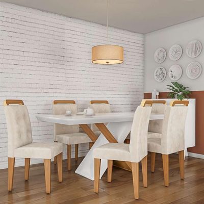 Conjunto de Mesa de Jantar com Vidro e  6 Cadeiras Elizabeth Veludo Creme e Off White