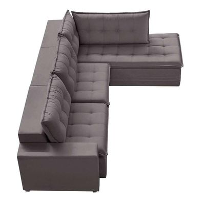 Sofá 5 Lugares Presidente com Chaise Direito Veludo Cinza 296 cm