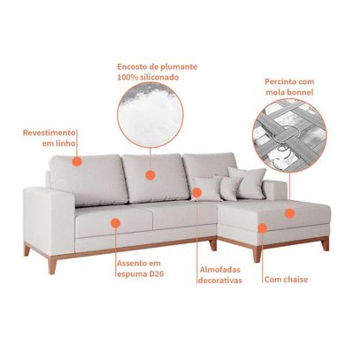 Sofá 3 Lugares Belgrado com Chaise Direito Linho Cru 230 cm