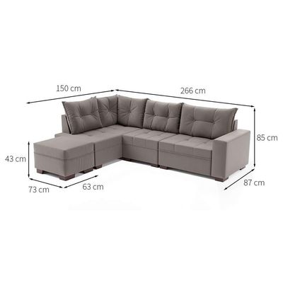 Sofá de Canto 7 Lugares Glória Suede Cinza