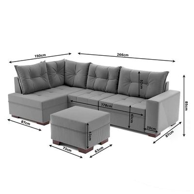 Sofá de Canto 7 Lugares Glória Suede Cinza