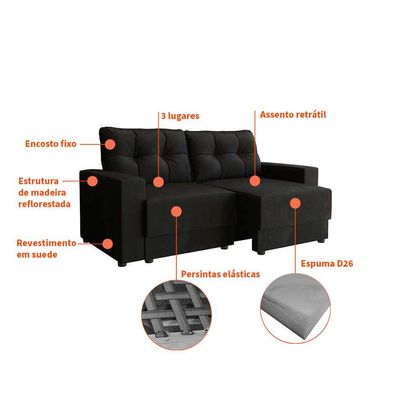 Sofá 3 Lugares Retrátil Colônia Suede Preto 180 cm