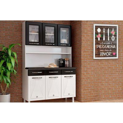 Cozinha Compacta Star New c/ 6 Portas (3 c/ Vidro) e 3 Gavetas 120cm Branco/Preto - Telasul